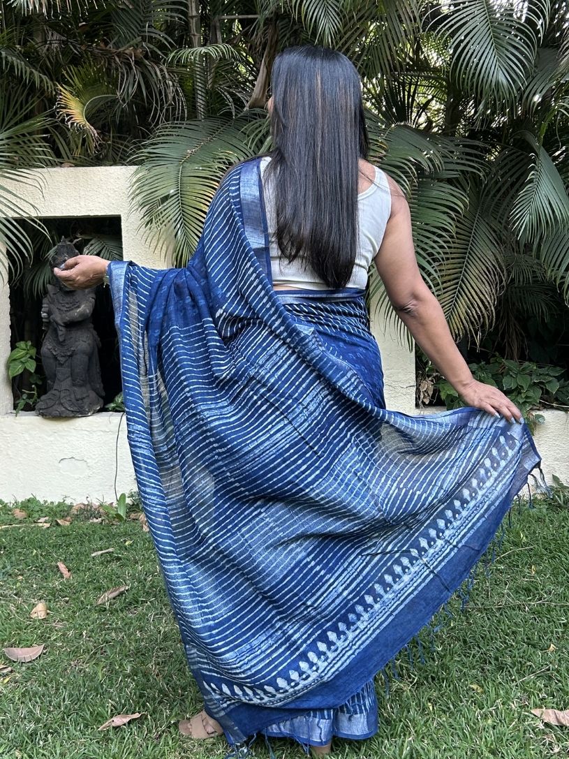 Indigo Blue soft Pure Cotton Hand block Printed Formal Saree