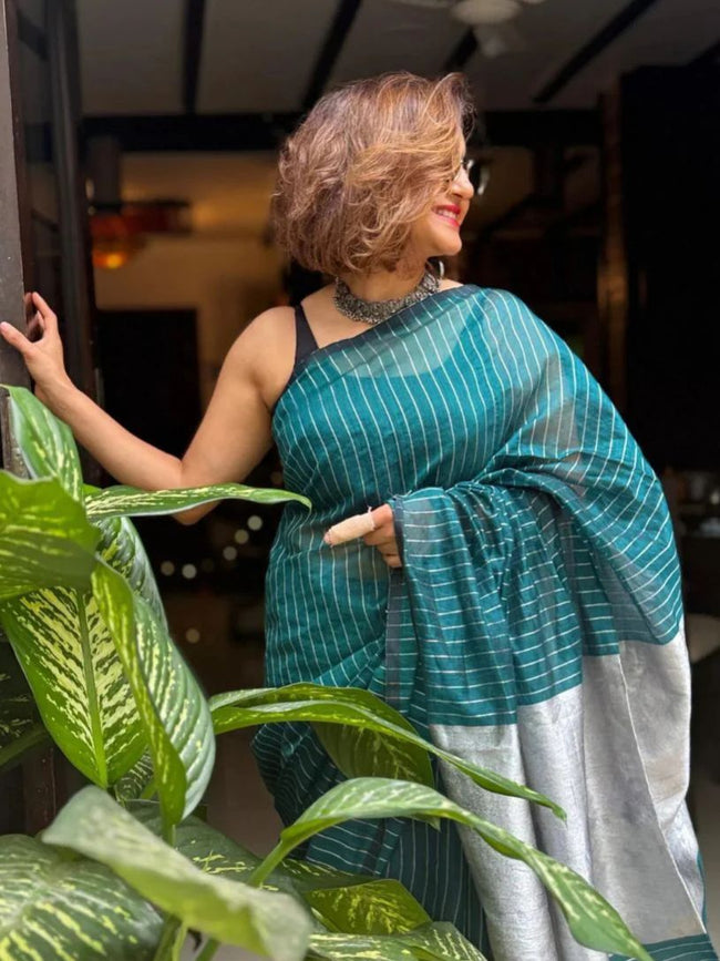 Blue-Green Mangalgiri Silk Cotton Saree With Silver Jari Stripes Main Image