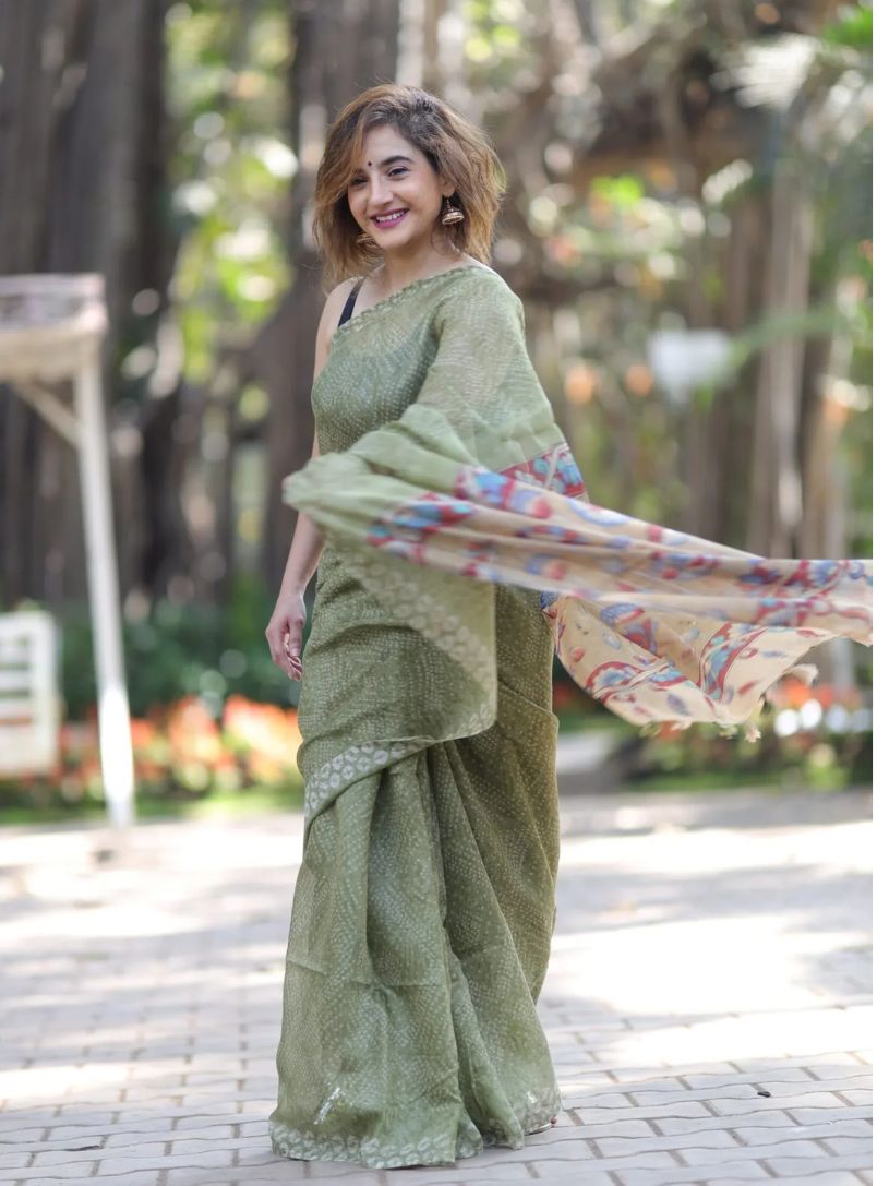 Green Semi Linen Saree with Kalamkari Pallu and Border