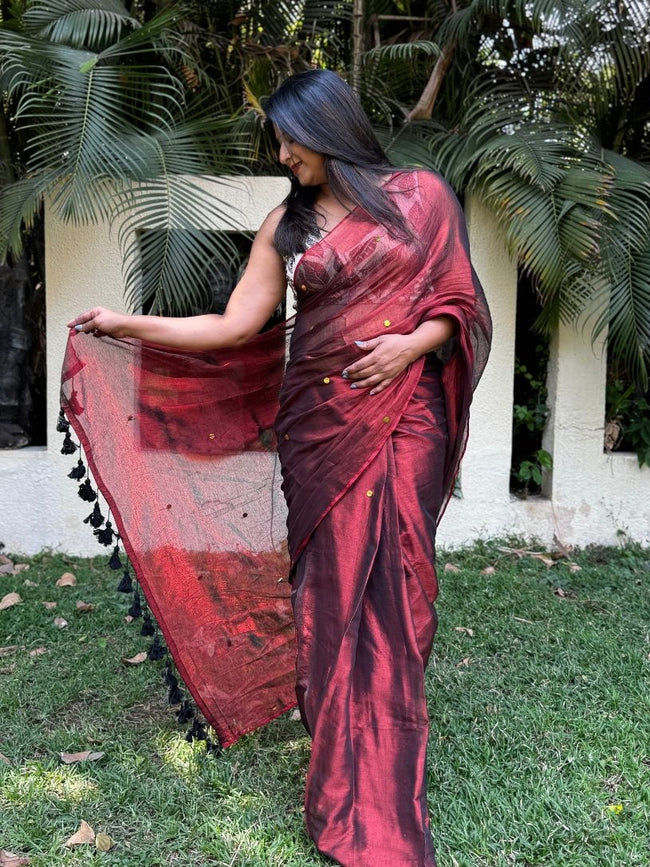 Copper tissue cotton Saree with Gold Gini Work Hover Image