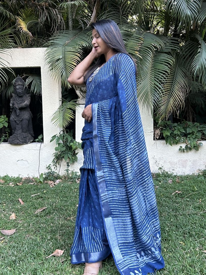 Indigo Blue soft Pure Cotton Hand block Printed Formal Saree