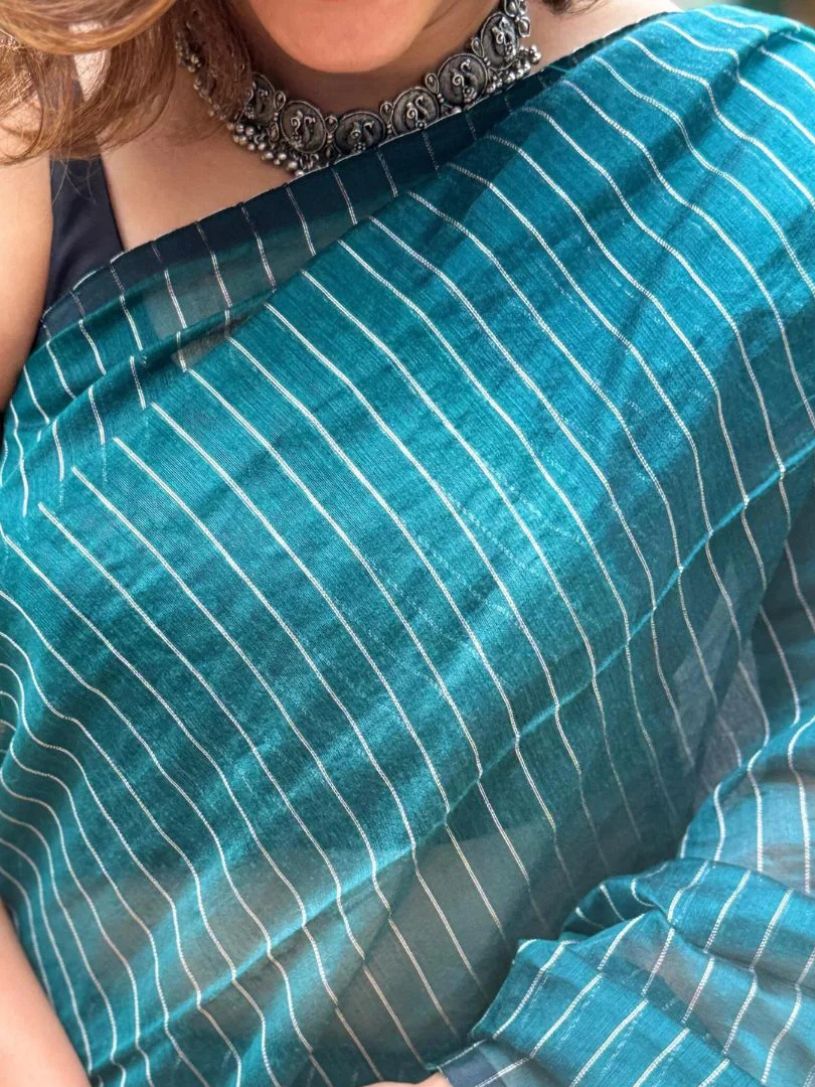Blue-Green Mangalgiri Silk Cotton Saree With Silver Jari Stripes