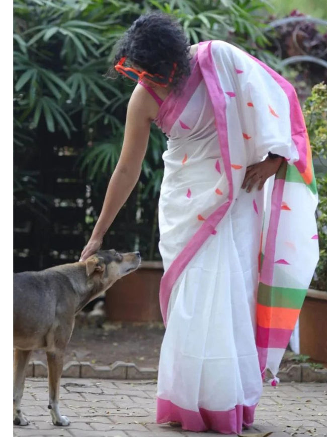 White Soft Cotton Barfi Butta Saree Main Image