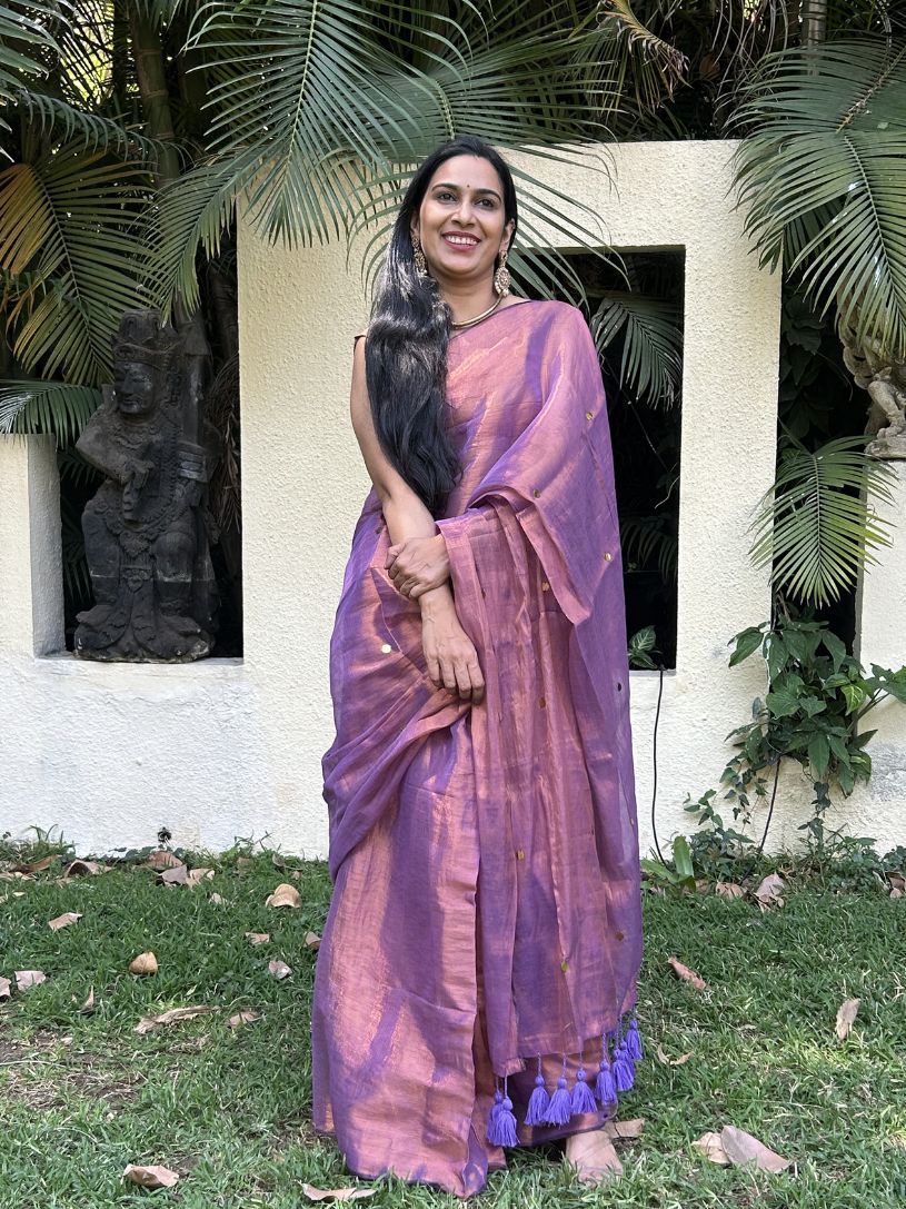Lavender tissue cotton Saree with Gold Gini Work