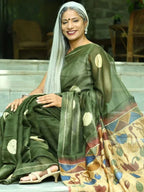 Dark Green Semi Linen Saree with Kalamkari Pallu
