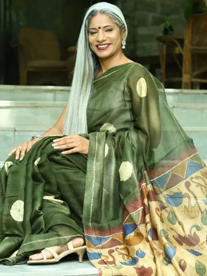 Dark Green Semi Linen Saree with Kalamkari Pallu