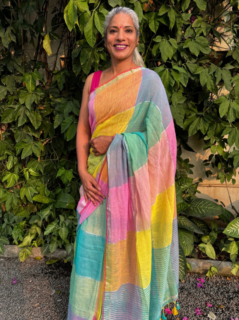 Pure Linen Multicolour Saree