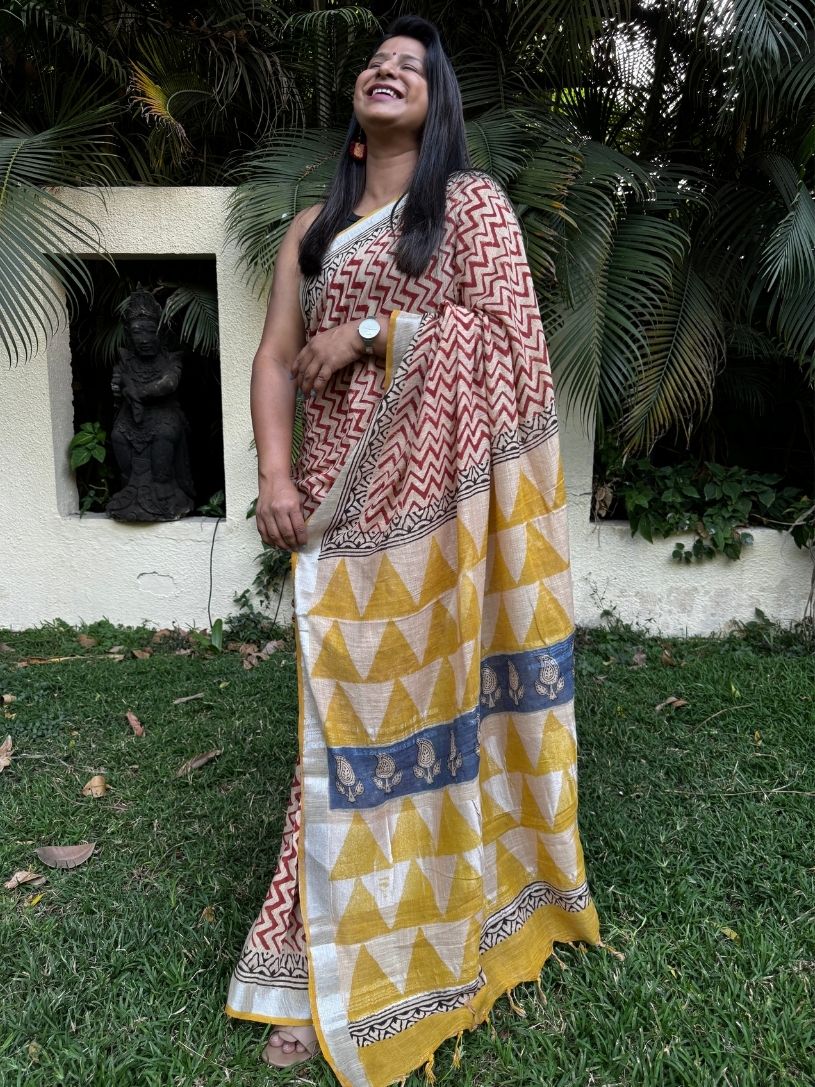 Cream, Maroon & Yellow  Handblock Printed Pure Cotton Formal Saree