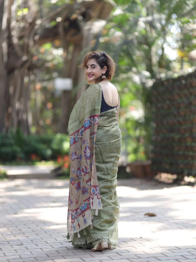 Green Semi Linen Saree with Kalamkari Pallu and Border