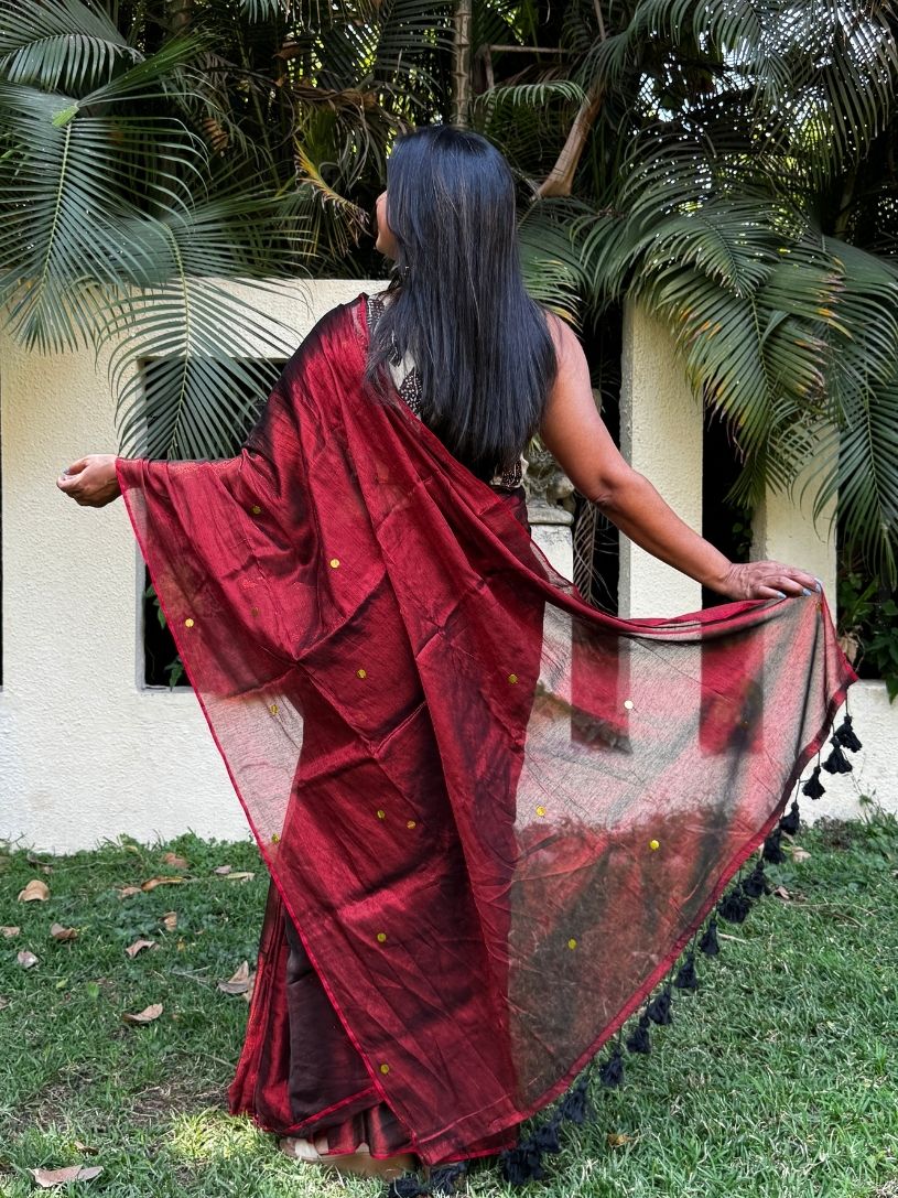 Copper tissue cotton Saree with Gold Gini Work