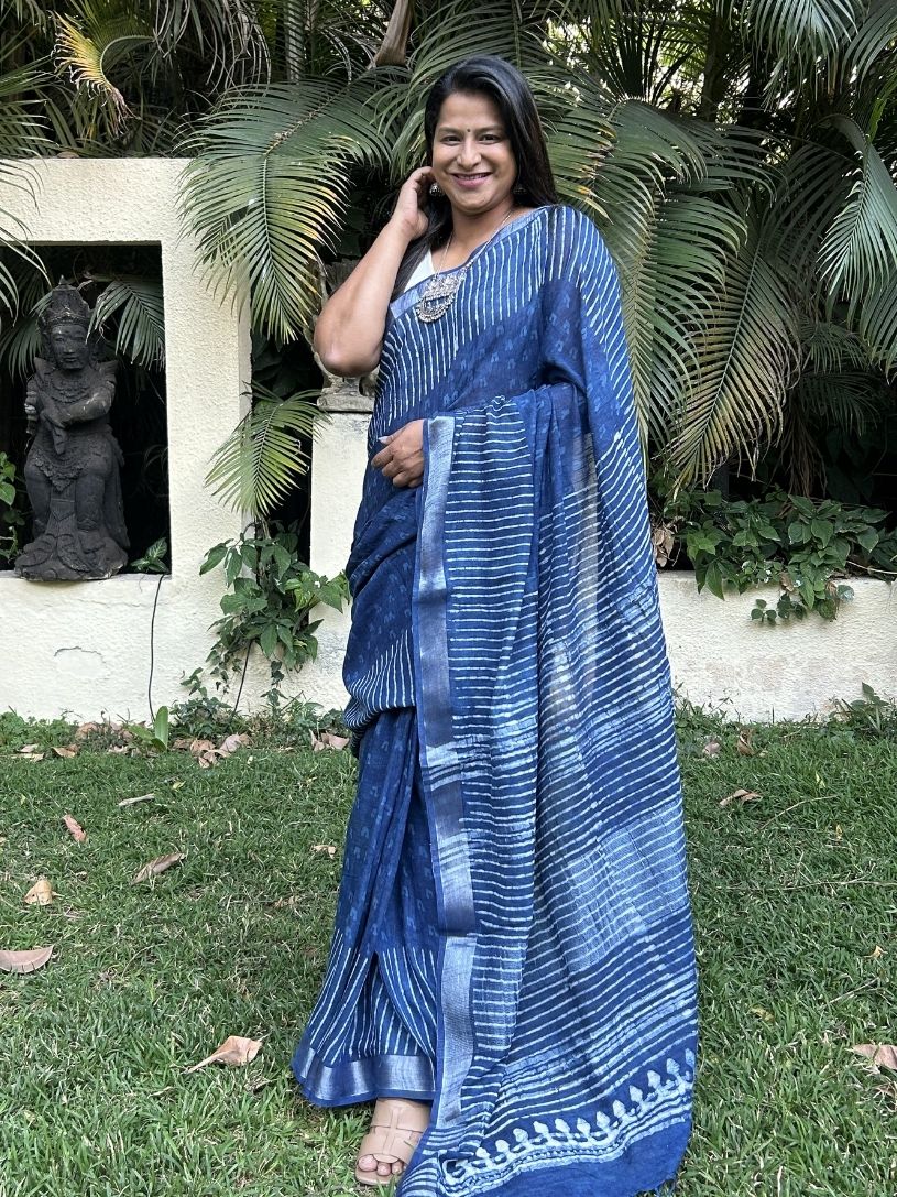 Indigo Blue soft Pure Cotton Hand block Printed Formal Saree