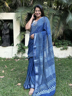 Indigo Blue soft Pure Cotton Hand block Printed Formal Saree