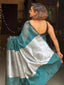 Blue-Green Mangalgiri Silk Cotton Saree With Silver Jari Stripes