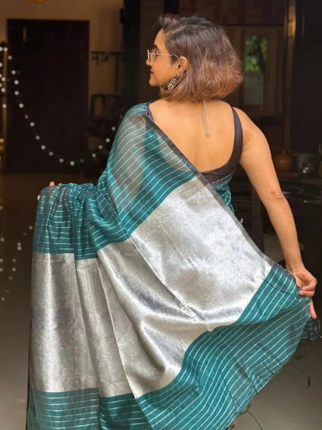 Blue-Green Mangalgiri Silk Cotton Saree With Silver Jari Stripes Hover Image