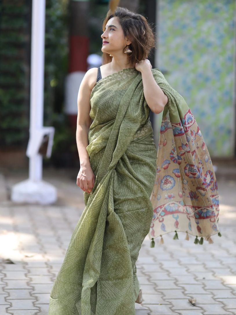 Green Semi Linen Saree with Kalamkari Pallu and Border