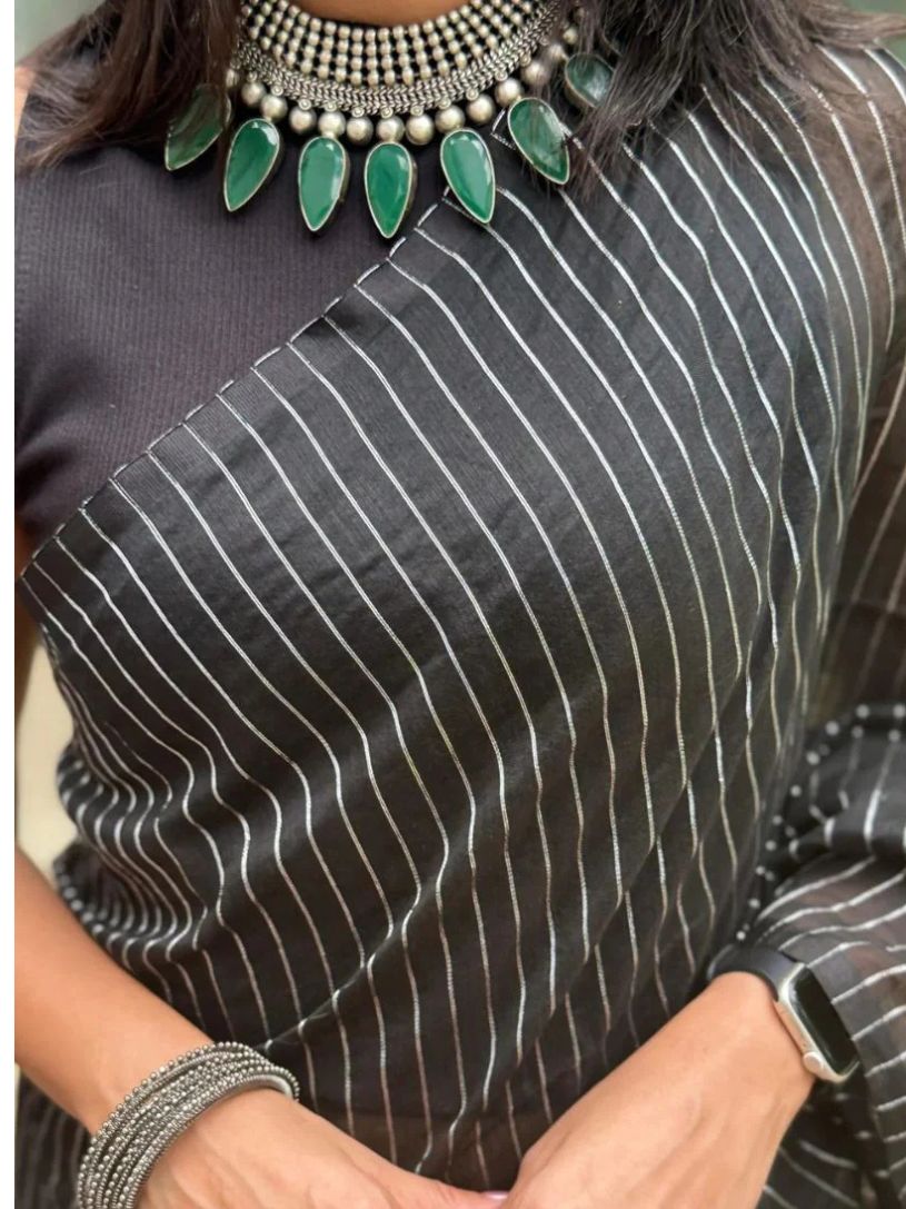 Black Mangalgiri Silk Cotton Saree With Silver Jari Stripes