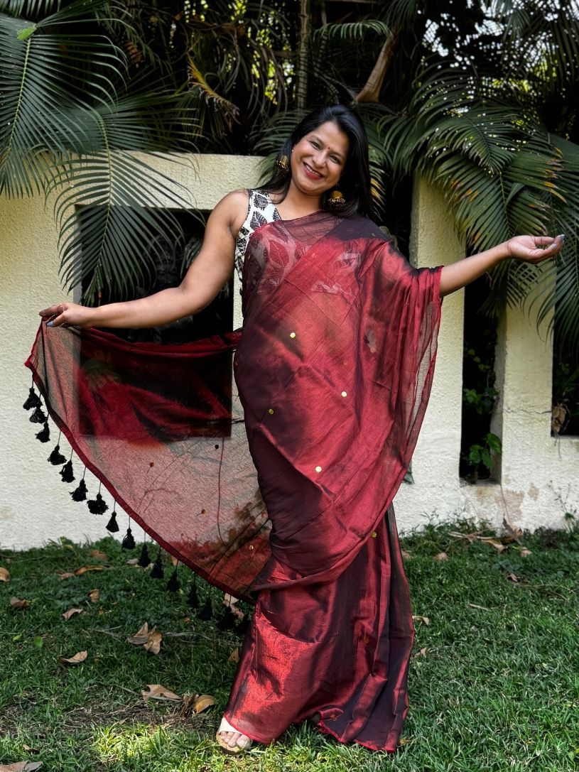 Copper tissue cotton Saree with Gold Gini Work