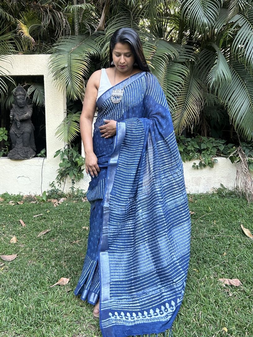 Indigo Blue soft Pure Cotton Hand block Printed Formal Saree