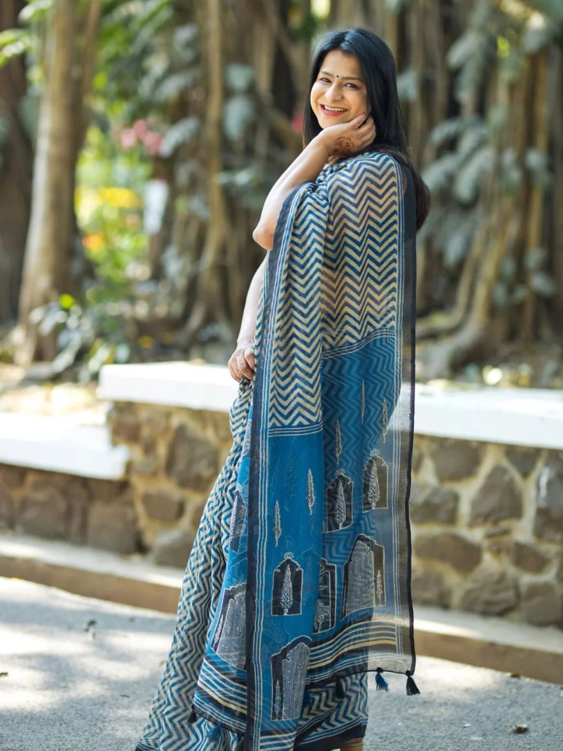 Indigo Semi Linen Saree With Chevron Print And Ajrakh Pallu