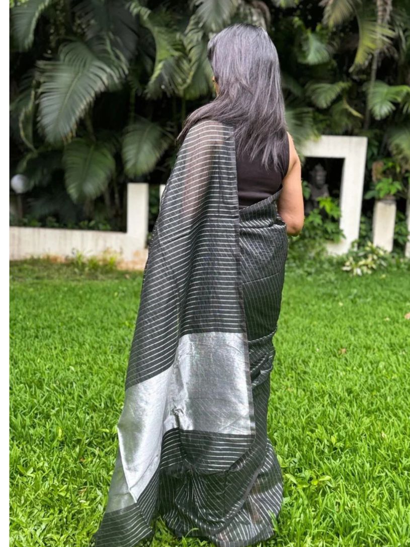 Black Mangalgiri Silk Cotton Saree With Silver Jari Stripes