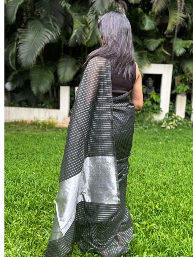 Black Mangalgiri Silk Cotton Saree With Silver Jari Stripes Main Image