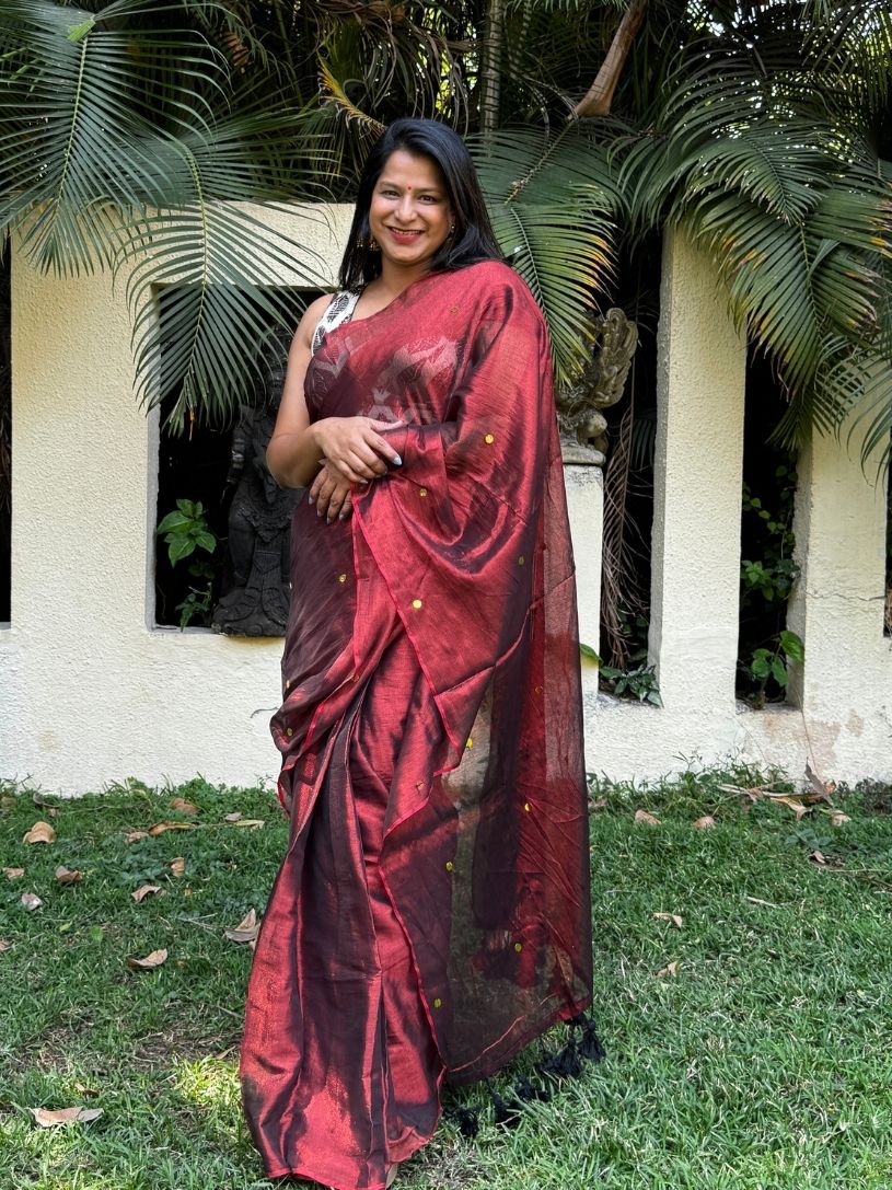 Copper tissue cotton Saree with Gold Gini Work