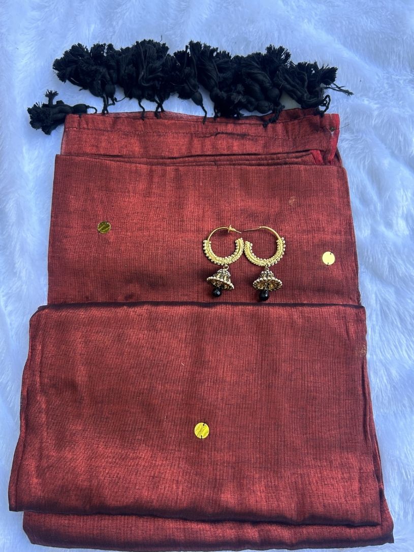 Copper tissue cotton Saree with Gold Gini Work