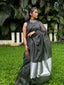 Black Mangalgiri Silk Cotton Saree With Silver Jari Stripes