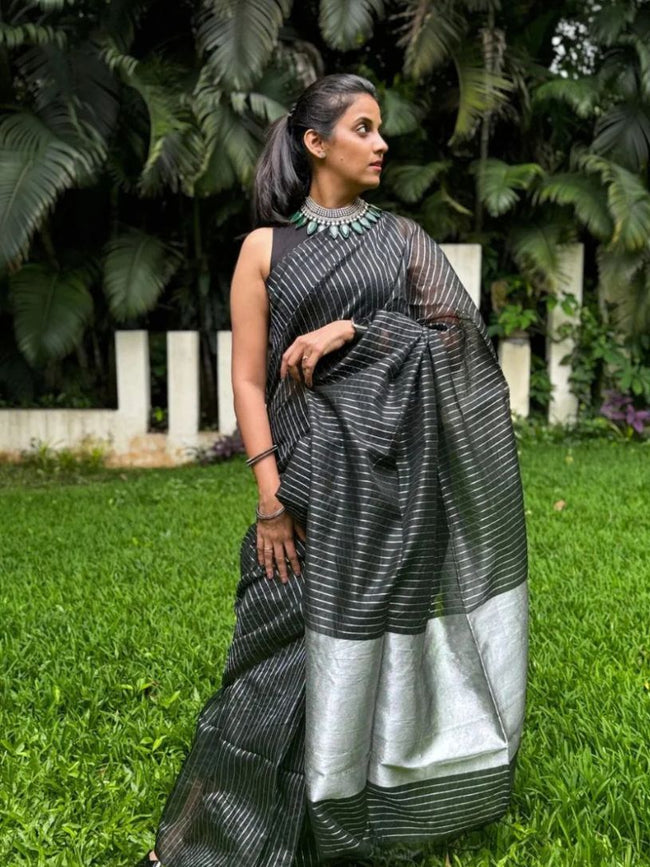 Black Mangalgiri Silk Cotton Saree With Silver Jari Stripes Hover Image