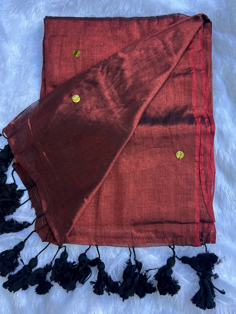 Copper tissue cotton Saree with Gold Gini Work