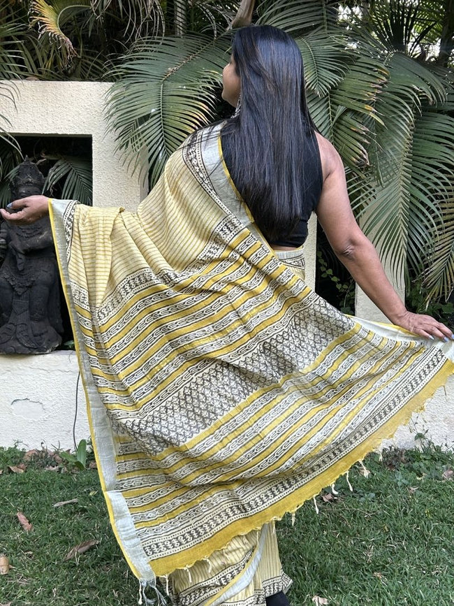 Pastel yellow Pure Cotton Hand block Printed Formal Saree Main Image