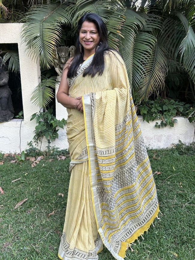 Pastel yellow Pure Cotton Hand block Printed Formal Saree Hover Image