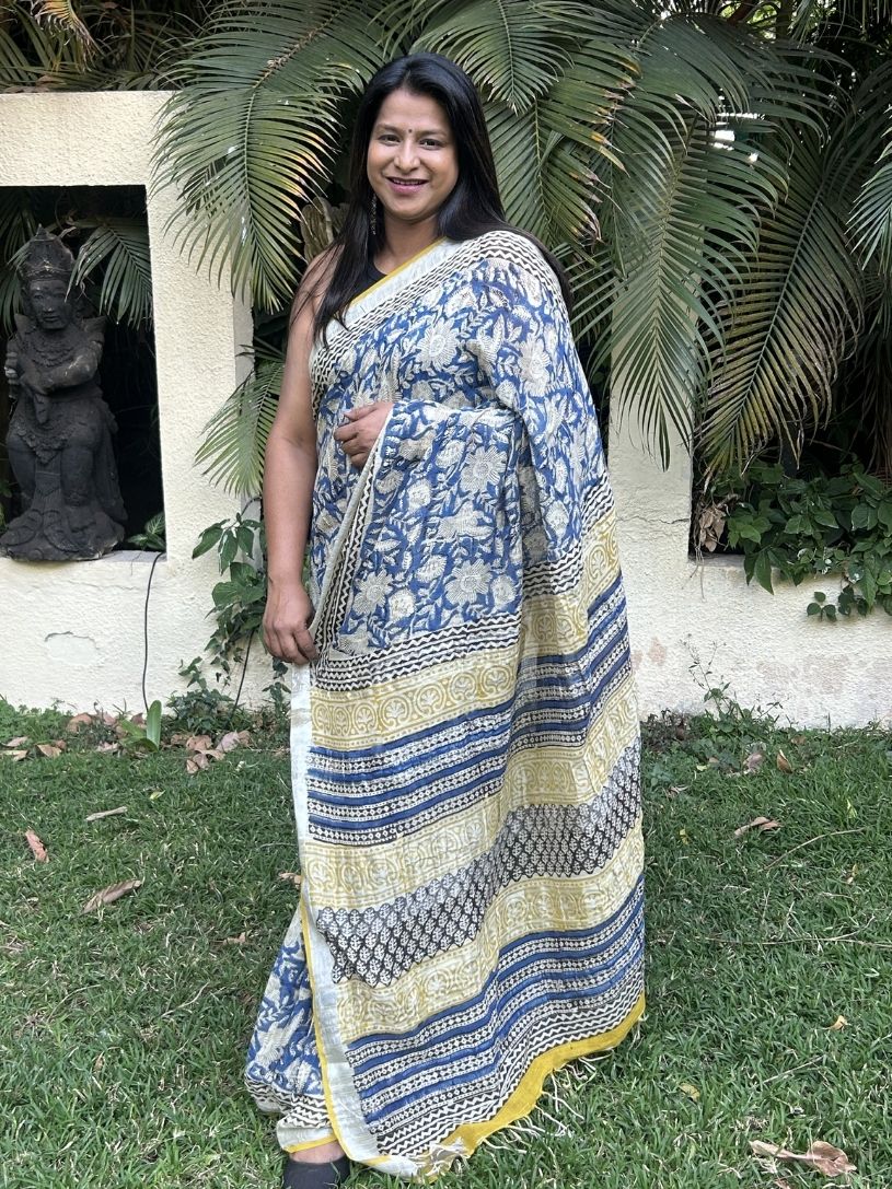 Blue & Beige Pure Cotton Printed Formal Saree