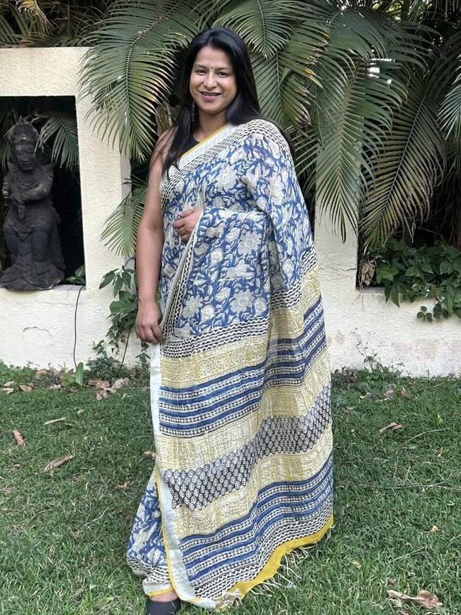 Blue & Beige Pure Cotton Hand block Printed Formal Saree Main Image