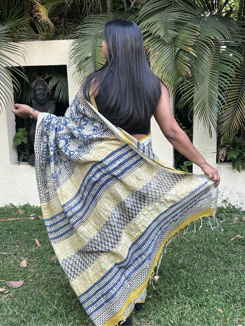Blue & Beige Pure Cotton Hand block Printed Formal Saree