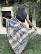Blue & Beige Pure Cotton Hand block Printed Formal Saree