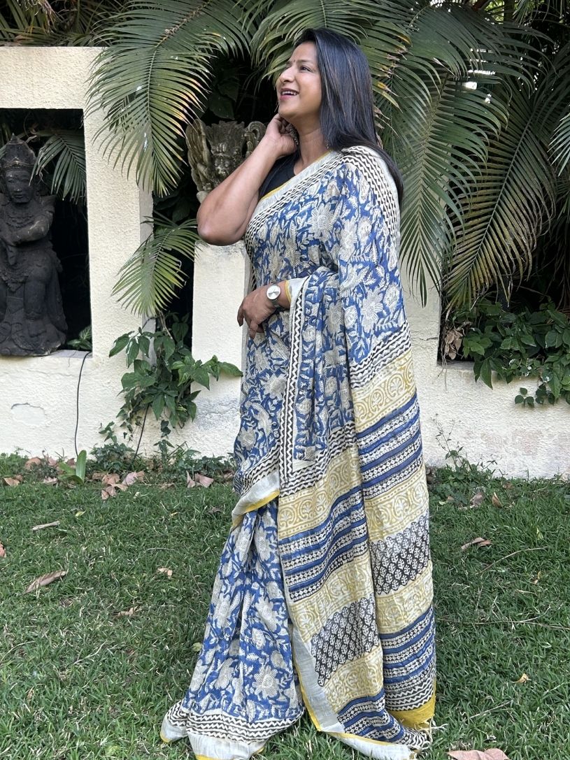 Blue & Beige Pure Cotton Hand block Printed Formal Saree