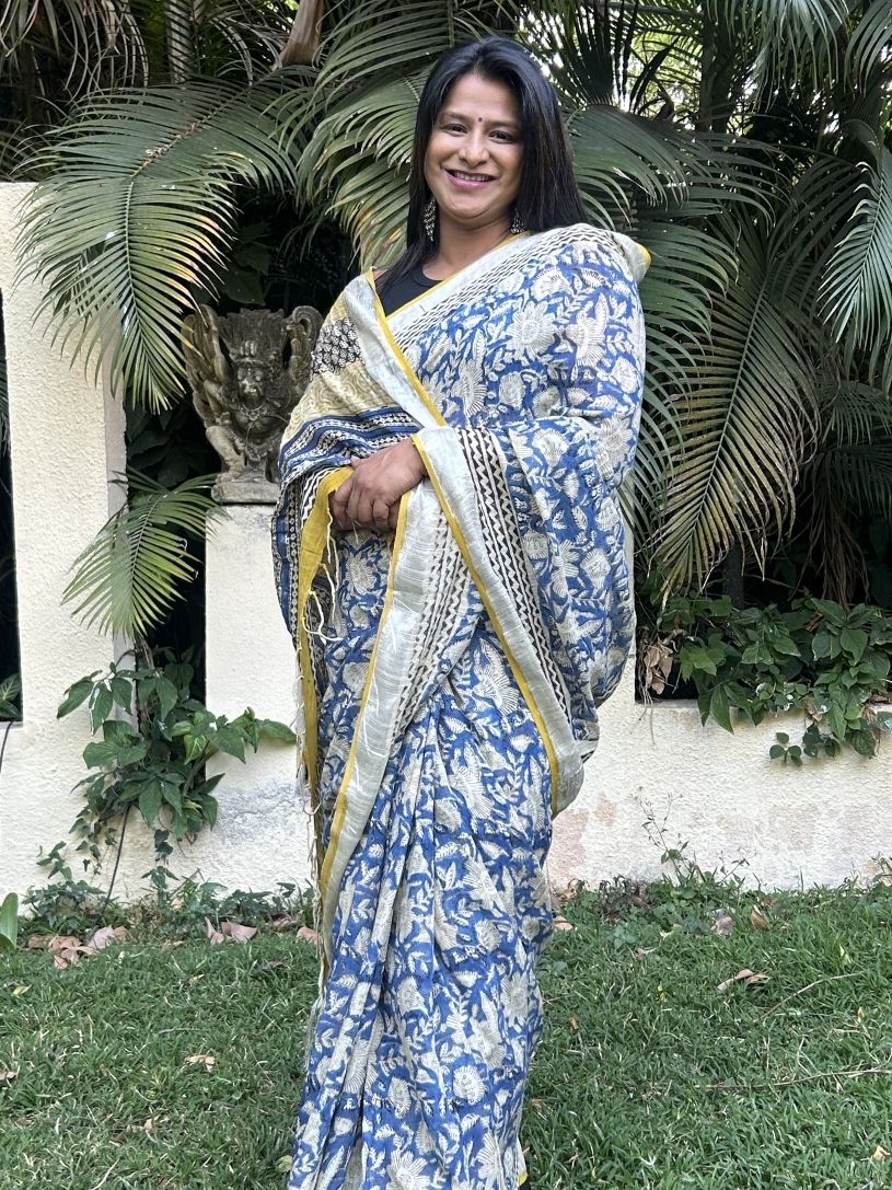 Blue & Beige Pure Cotton Hand block Printed Formal Saree