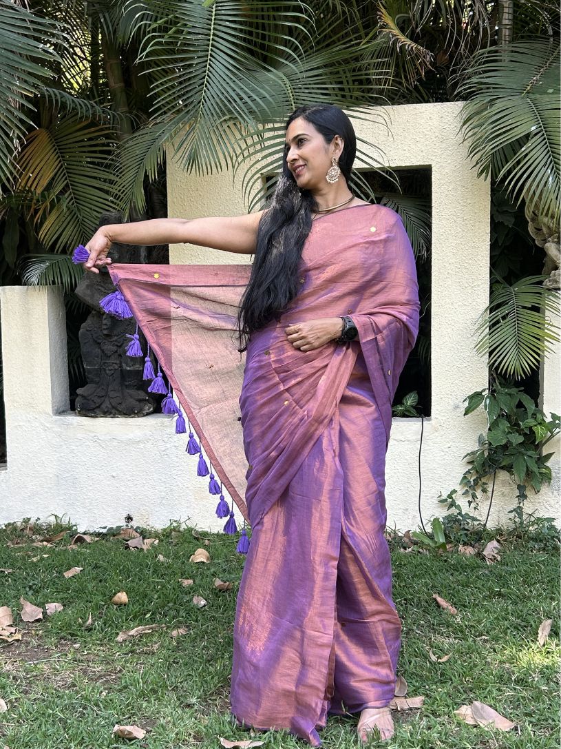 Lavender tissue cotton Saree with Gold Gini Work