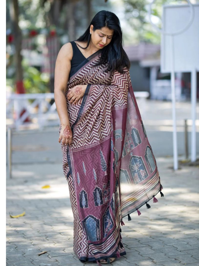 Dark Maroon Semi Linen Saree With Ajrakh Pallu