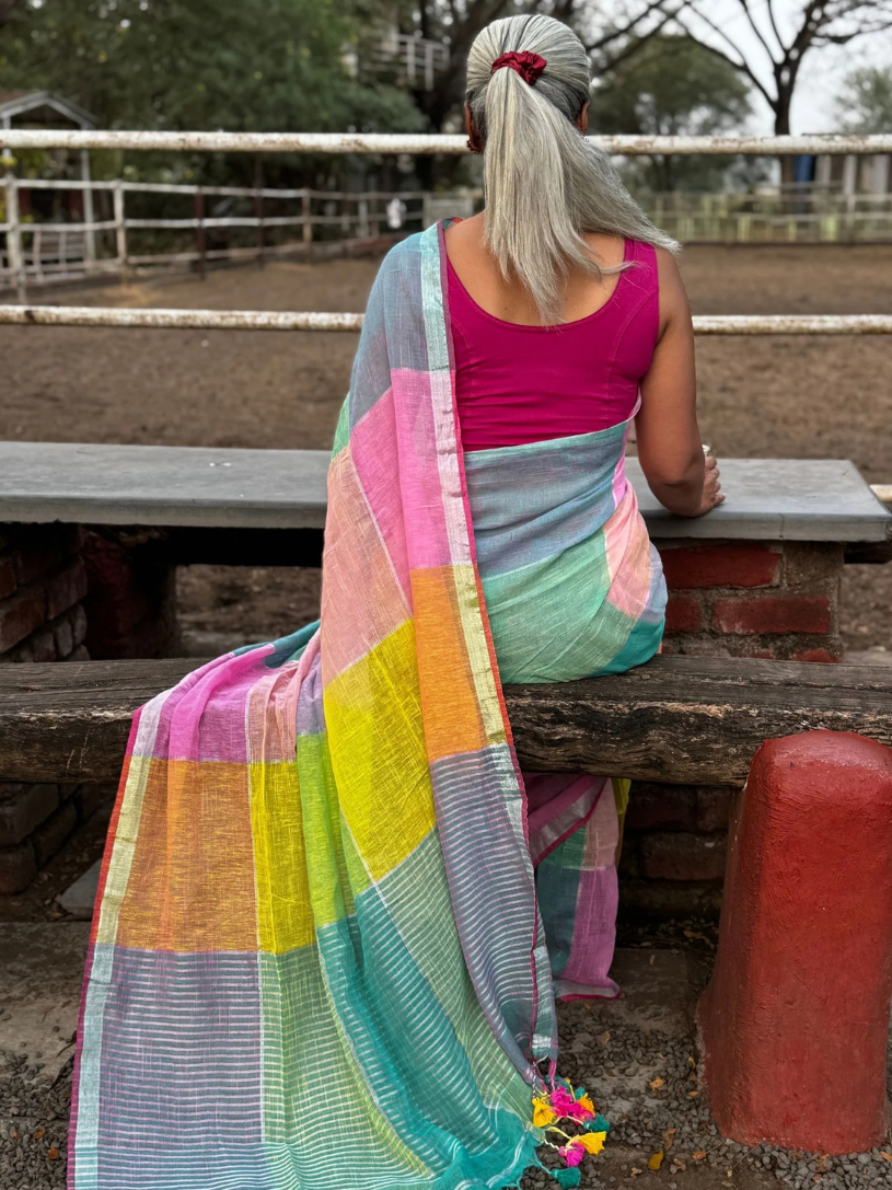 Pure Linen Multicolour Saree