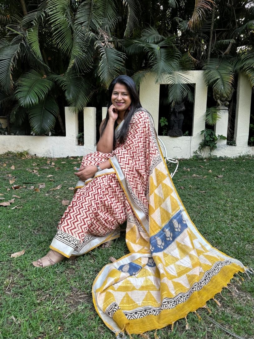 Cream, Maroon & Yellow  Handblock Printed Pure Cotton Formal Saree