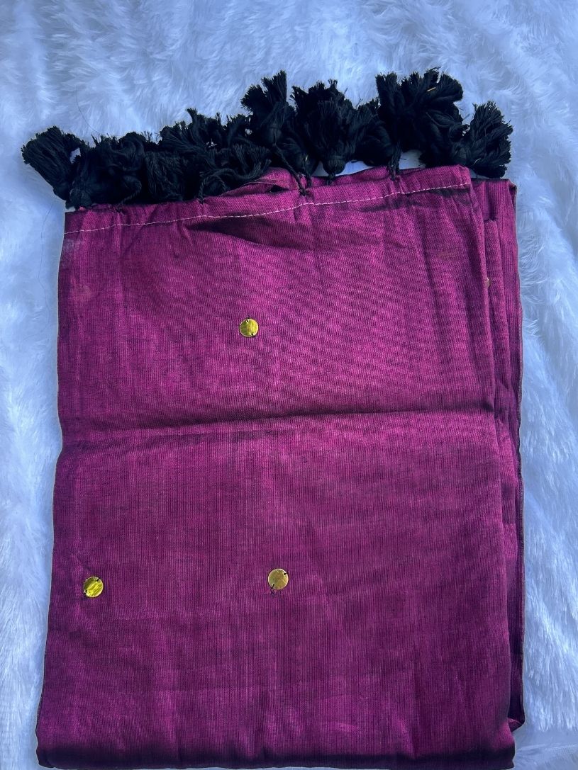 Wine Purple tissue cotton Saree with Gold Gini Work