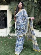 Blue & Beige Pure Cotton Hand block Printed Formal Saree