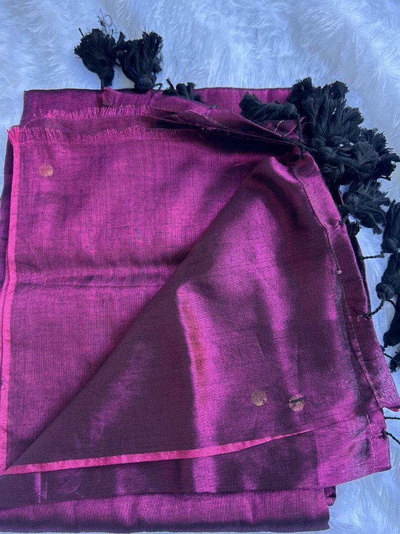Wine Purple tissue cotton Saree with Gold Gini Work