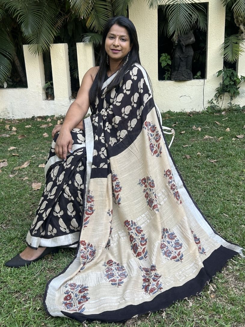 Black and Beige Pure Cotton Hand block Printed Formal Saree