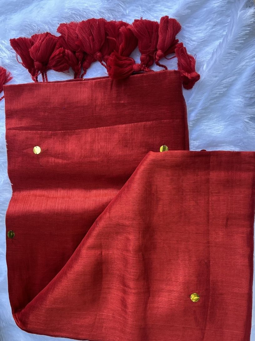 Red tissue cotton saree with Gold Gini Work