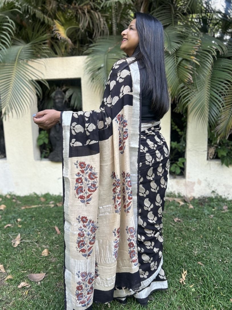 Black and Beige Pure Cotton Printed Formal Saree