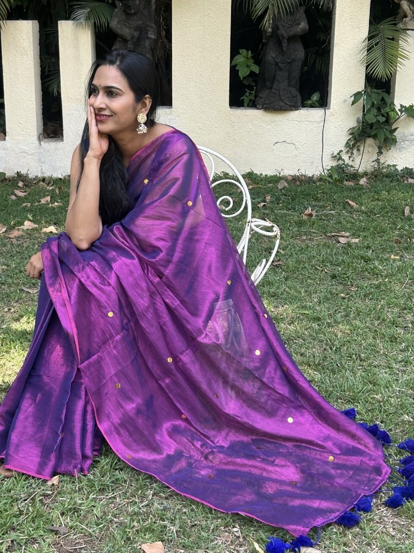 Purple tissue cotton Saree with Gold Gini Work