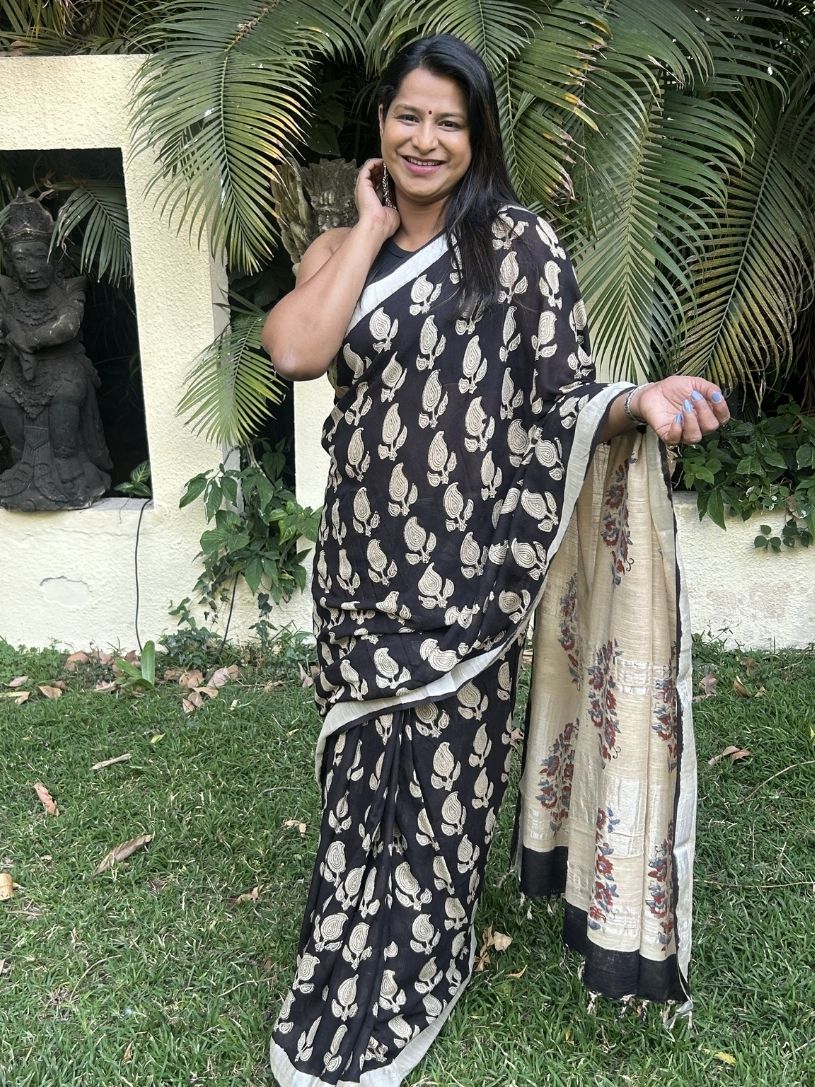 Black and Beige Pure Cotton Printed Formal Saree